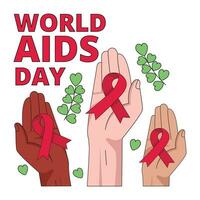 internazionale AIDS giorno. illustrazione con diverso mani Tenere rosso nastro simbolo. vettore grafico.