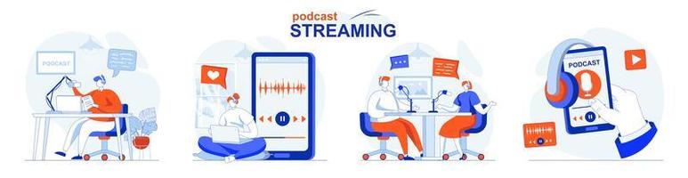 il concetto di streaming di podcast imposta scene isolate di persone in design piatto vettore