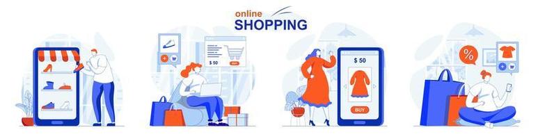 il concetto di shopping online imposta scene isolate di persone in design piatto vettore