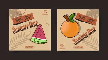 set di banner per social media per saldi estivi con anguria e arancia vettore