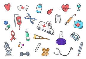 collezioni di set disegnati a mano di doodle medico sanitario o sanitario vettore