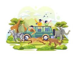 le persone esplorano la savana nel veicolo nell'illustrazione della giornata mondiale degli animali vettore