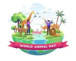 le persone celebrano la giornata mondiale degli animali con l'illustrazione vettoriale degli animali