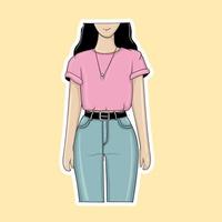 ragazza alla moda disegnata a mano con camicia rosa e adesivi jeans vettore