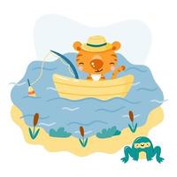 simpatico cartone animato pesca tigre in barca vettore