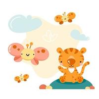 tigre e farfalle simpatico cartone animato vettore