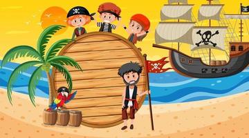 modello di banner vuoto con bambini pirati sulla scena del tramonto sulla spiaggia vettore