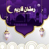 Design elegante di Ramadan Kareem con appesi lanterne Fanoos e sfondo Moschea vettore