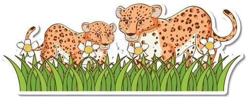 adesivo mamma e bambino leopardo in piedi nel campo in erba vettore