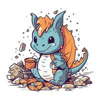 carino cartone animato Drago con un' boccale di caffè. vettore illustrazione.