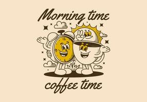 mattina volta, caffè volta. portafortuna personaggio di caffè tazza, allarme orologio e un' sole vettore