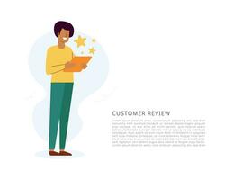 cliente revisione concetto con piatto personaggio illustrazione. utente feedback, giudizi, e soddisfazione analisi. vettore illustrazione.