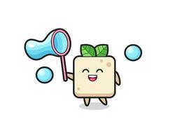 cartone animato felice tofu che gioca bolla di sapone vettore