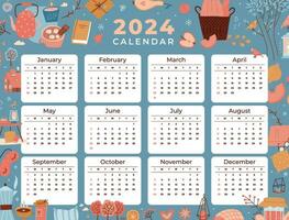 stampabile mano disegnato uno foglio calendario per 2024 anno. calendario griglia modello di 12 mesi, Domenica primo. vettore illustrazione con mano disegnato accogliente cose nel di moda piatto stile.