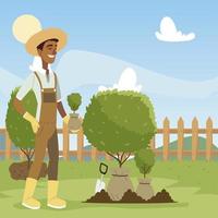 giardinaggio, uomo con pala che lavora in giardino e scava terra vettore