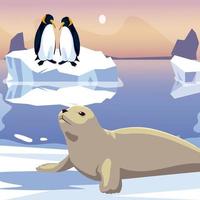 pinguini e foca nel mare di iceberg sciolto vettore