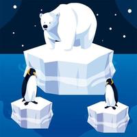 orso polare e pinguini iceberg paesaggio notturno del polo nord vettore