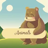 orso cartone animato con testo di animali seduto nell'erba vettore