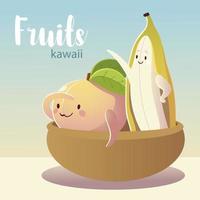 frutta kawaii faccina buffa felicità banana e pesca in una ciotola vettore