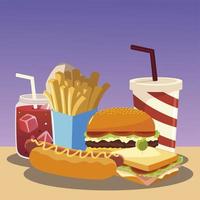 fast food hamburger hot dog sandwich patatine fritte e soda vettore