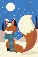 natale carino volpe con sciarpa animale nella scena notturna di neve vettore