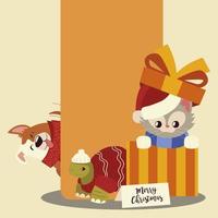 buon natale gattino in confezione regalo con cartone animato tartaruga e cane vettore