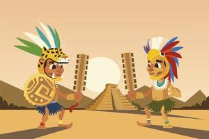 guerrieri aztechi con scudo arma copricapo e scena piramidale vettore