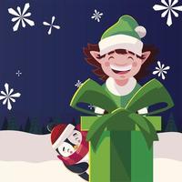 buon natale elfo con regalo e disegno vettoriale pinguino