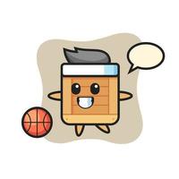 illustrazione di cartone animato scatola di legno sta giocando a basket vettore