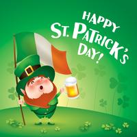 leprechaun che tiene birra e bandierina dell&#39;Irlanda vettore