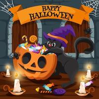 simpatico gatto nero con cappello da strega festeggia halloween vettore