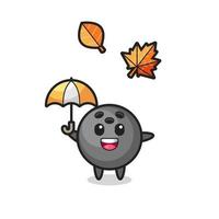 cartone animato della simpatica palla da bowling che tiene un ombrello in autunno vettore
