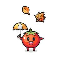 cartone animato dei pomodori carini che tengono un ombrello in autunno vettore