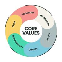 nucleo valori diagramma Infografica modello con icone ha innovazione, le persone, qualità, responsabilità, fiducia e lavoro di squadra. attività commerciale marketing concetto per presentazione. sito web bandiera illustrazione vettore