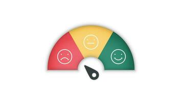 scala di valutazione della soddisfazione dell'esperienza del cliente con un sorriso, icona arrabbiata nel sondaggio di feedback del punteggio del tachimetro di un cliente. il livello misura la faccia emoji con le frecce da cattiva a buona illustrazione vettoriale