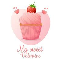 San Valentino giorno carta con dolce Cupcake decorato con fragola e cuori sfondo vettore