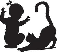 bambino giocare con gatto vettore silhouette illustrazione nero colore