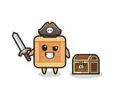 la scatola di legno personaggio pirata che tiene la spada accanto a una scatola del tesoro vettore