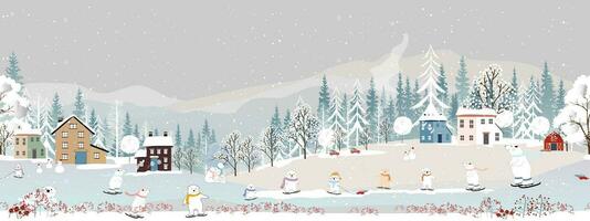 inverno paesaggio, senza soluzione di continuità modello Natale notte carino polare orso famiglia giocando ghiaccio pattinare su colline, vettore senza soluzione di continuità inverno Paese delle meraviglie orso festeggiare nel foresta, allegri natale, nuovo anno sfondo
