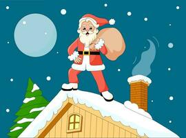 hippie Santa Claus su il tetto. Natale notte. retrò fricchettone nonno. Vintage ▾ allegro Natale. vacanza stagione saluto carta. vettore