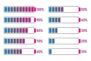 10 per 100 percentuale infografica pieno batteria carica, energia livello, progresso, crescita, energia vettore cartello simboli.