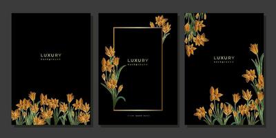impostato di lusso Vintage ▾ manifesto con d'oro fiori. brillante vaniglia orchidea fiorire telaio su nero sfondo. oro floreale modello vettore
