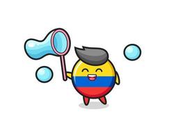 felice bandiera colombia distintivo cartone animato che gioca bolla di sapone vettore