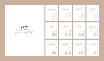 calendario 2022 stile minimalista alla moda. calendario minimo vettore