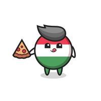 simpatico cartone animato distintivo della bandiera dell'ungheria che mangia pizza vettore
