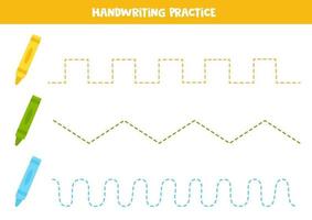 tracciare linee con cartoni animati e pastelli colorati. Pratica di scrittura. vettore