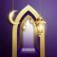Ramadan Kareem con Hanging Fanoos Lantern e Mosque Background vettore
