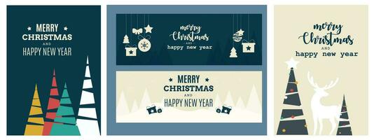 Natale striscione. Natale sfondo design di regalo scatole. decorativo verde alberi pino, stelle, cervo, lanterne. Natale bandiera collezione vettore