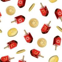 acquerello hanukkah dreidels e oro monete gelt vettore senza soluzione di continuità modello per ebraico vacanza simboli, tradizionale sevivoni