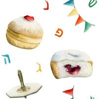 Israele hanukkah vettore acquerello senza soluzione di continuità modello con tradizionale ciambelle e dreidels per festivo stoviglie, festa disegni, regalo carta